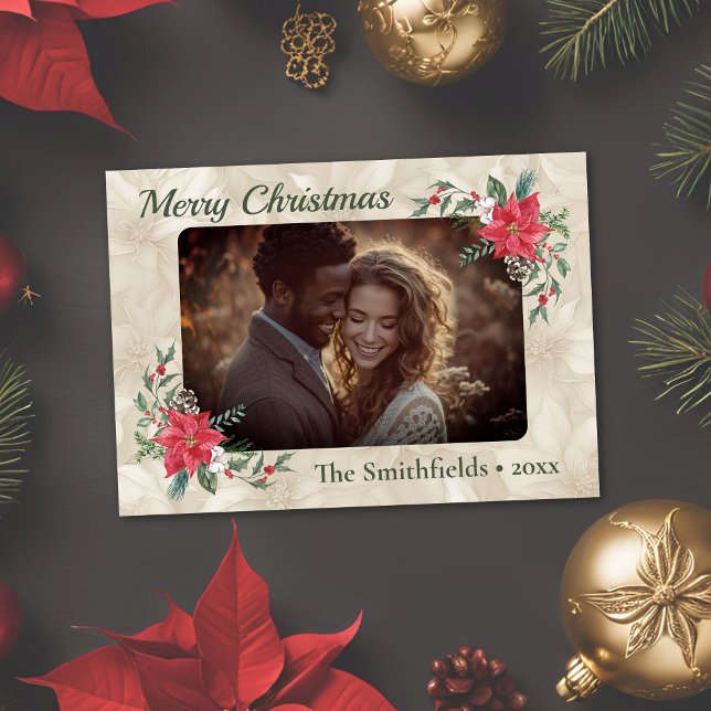 Carte de vacances en or, Poinsettia rouge (Gold embossed Poinsettia photo Christmas card)