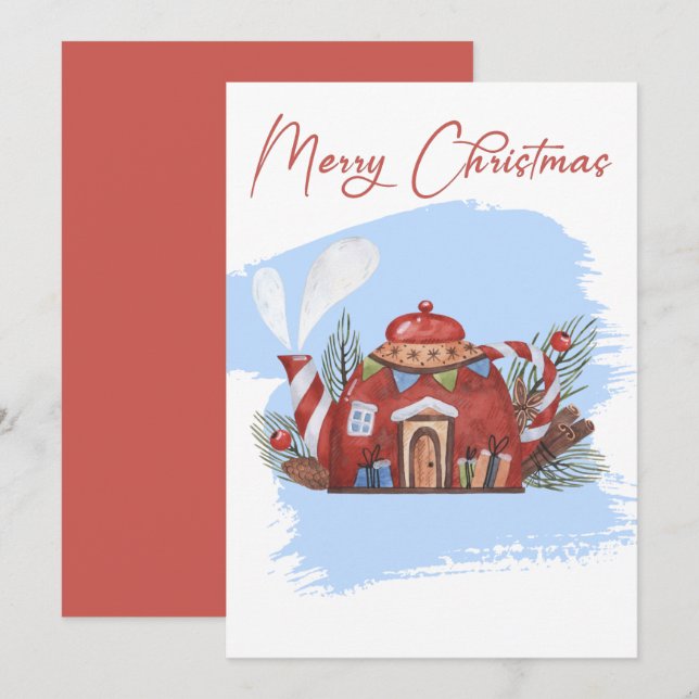 Carte de vacances en thé bleu Aquarelle de Noël (Devant / Derrière)