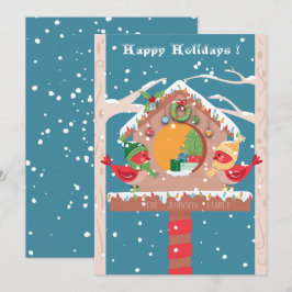 Carte de vacances festive à plat avec maison d'ois