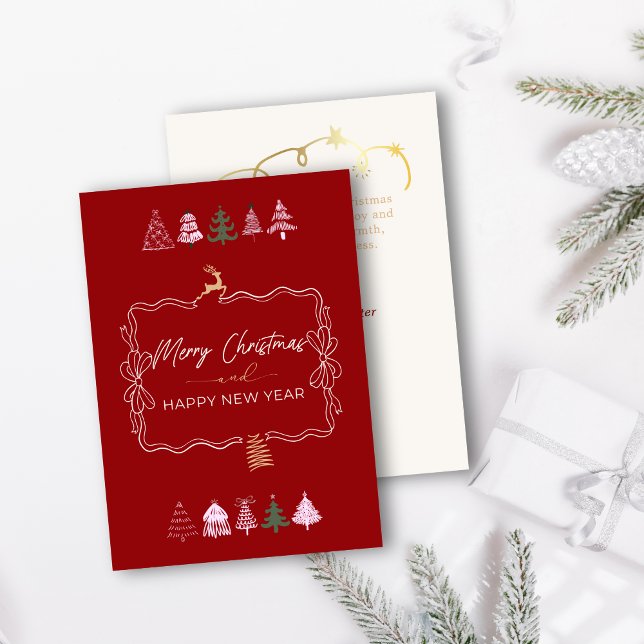 Carte de vacances Festive Bow & Tree Doodle Rouge  (Festive Bow & Tree Doodle Classic Red Holiday Card)