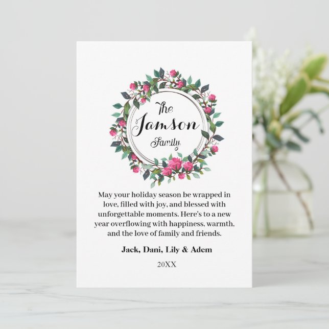Carte de vacances Floral Wreath Family Holiday Fla (Debout devant)