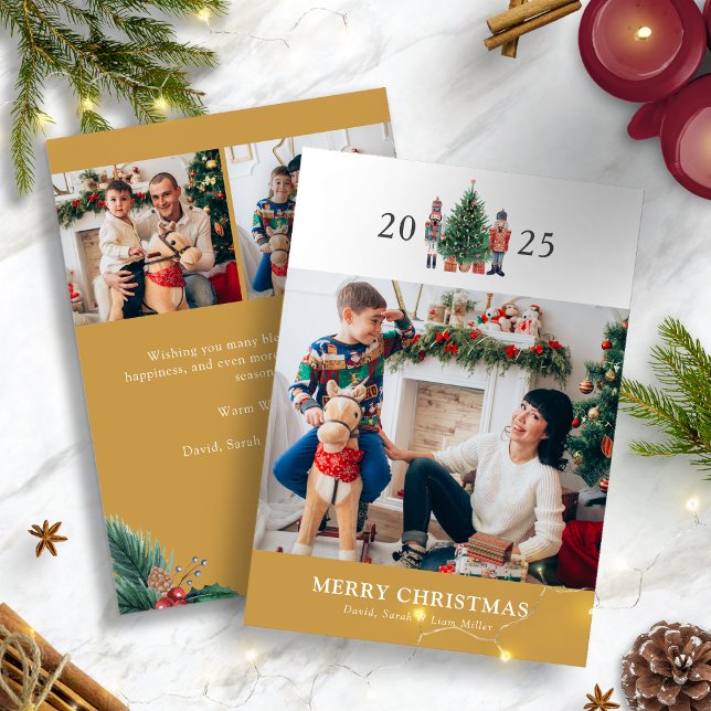 Carte de vacances Gold Christmas Photo Collage (Gold Christmas 2025 Nutcracker Photo Collage Holiday Card by Painted Paperie
)