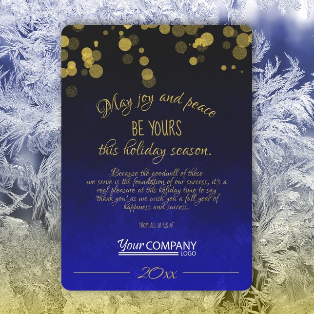 Carte de vacances Gold, Dark Blue Company (Royal Blue, Dark Blue, Gold Shimmers Lights Company Holiday Christmas Cards with Business Logo)