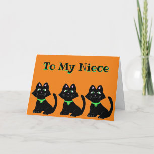 CARTE DE VACANCES HALLOWEEN NIECE CHAT NOIR ORANGE