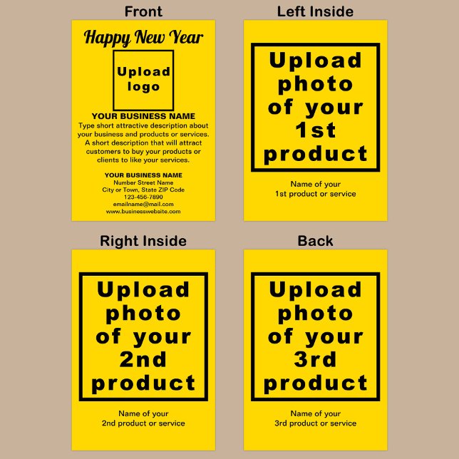 Carte de vacances Jaune Jaune Jaune d'affaires (Yellow folded holiday card for New Year with your business brand and products or services.)