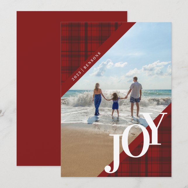 Carte de vacances JOY diagonale à carreaux rouges (Devant / Derrière)