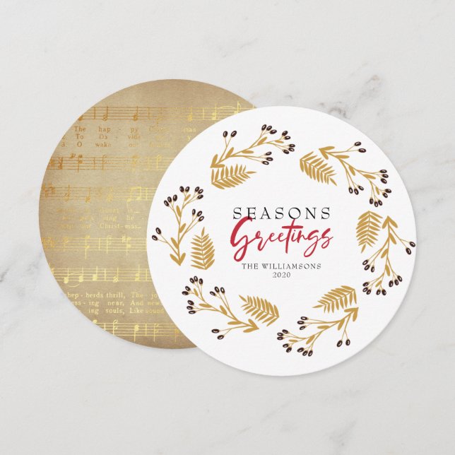 Carte de vacances Joyeuses Fêtes Gold Floral Wreat (Devant / Derrière)