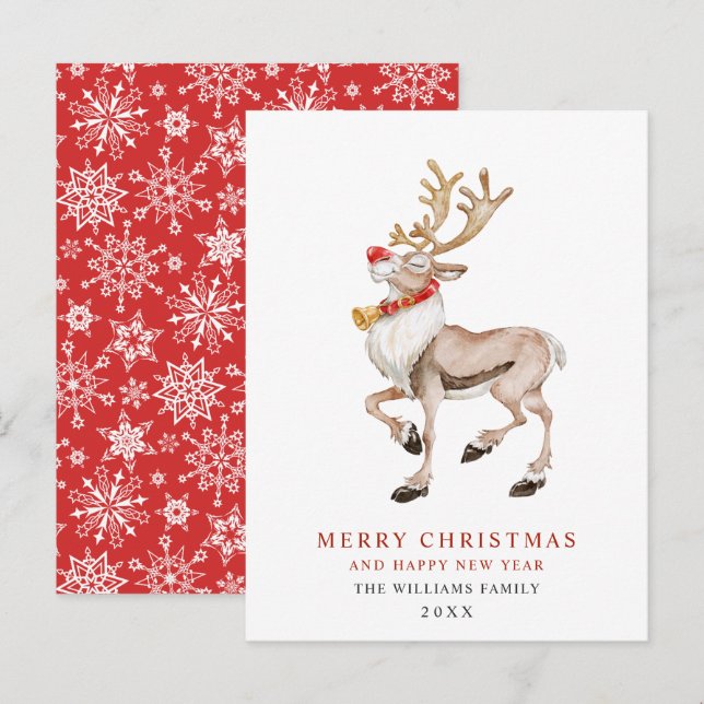 Carte de vacances Joyeux Noël Reindeer aquarelle (Devant / Derrière)