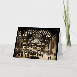 Carte De Vacances Métallisée 1910 Penn Station NYC Lanterne magique Slide Sepia