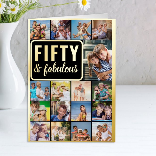 Carte De Vacances Métallisée 50e anniversaire Photo Collage noir et or (Créateur téléchargé)