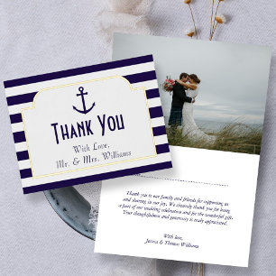 Carte De Vacances Métallisée Ancre nautique Mariage photo Merci réel