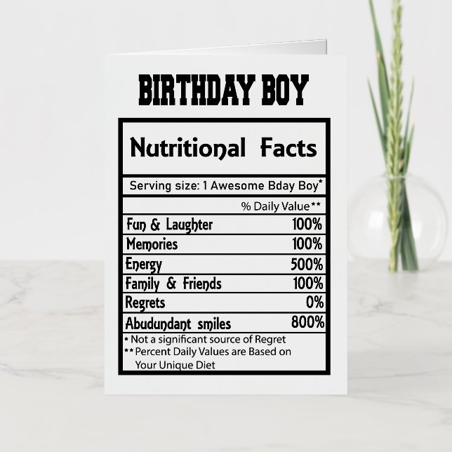 Carte De Vacances Métallisée Anniversaire Garçon Faits nutritionnels (Recto)
