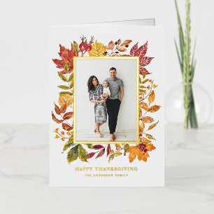 Carte De Vacances Métallisée Aquarelle Automne Feuilles Cadre Thanksgiving Phot
