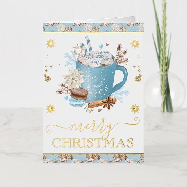 Carte De Vacances Métallisée Aquarelle Bleu Cookies et cacao chaud Noël (Recto)