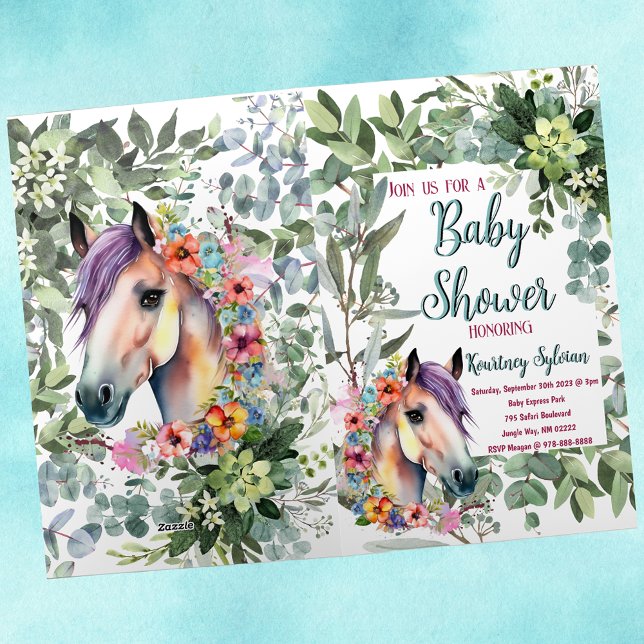 Carte De Vacances Métallisée Aquarelle Cheval et Baby shower botanique Invitati (Watercolor Horse and Botanical Baby Shower Invite)