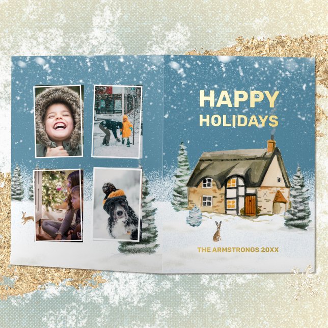 Carte De Vacances Métallisée Aquarelle d'hiver Foyer Photo de famille (Winter Watercolor Farmhouse Family Photo Foil Holiday Card ©Susanne Sachers - Sunny Mind 🌞)