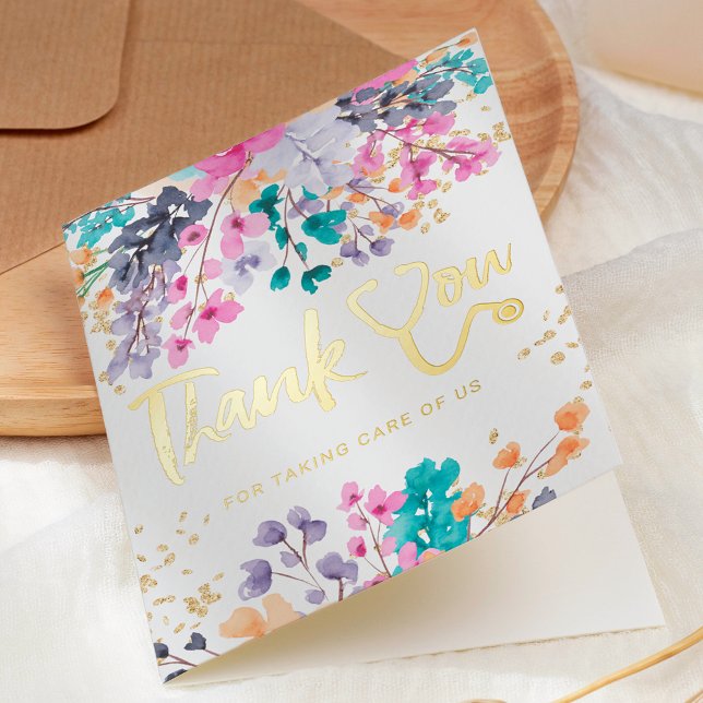 Carte De Vacances Métallisée Aquarelle florale turquoise stéthoscope infirmière (Créateur téléchargé)