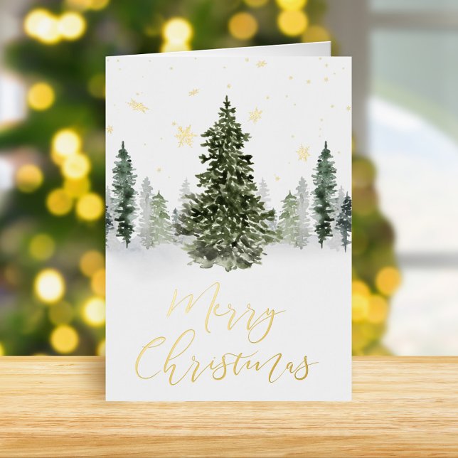 Carte De Vacances Métallisée Aquarelle Forêt d'hiver Noëls d'or plié (Créateur téléchargé)