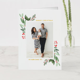 Carte De Vacances Métallisée Aquarelle Holly et verdure Joyeux Noël