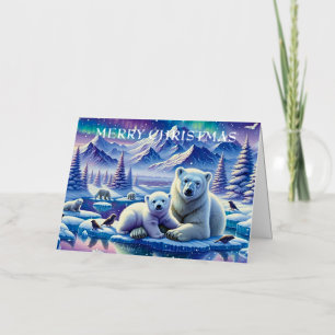 Carte De Vacances Métallisée Aquarelle maman et bébé Polar Ours Noël