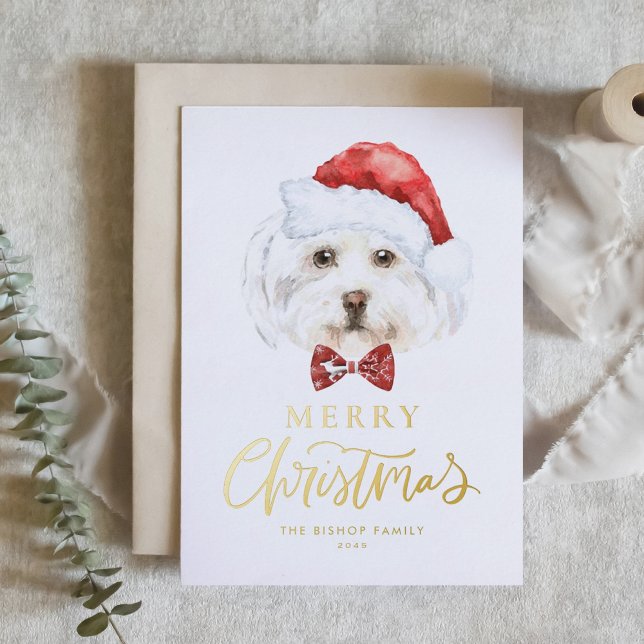 Carte De Vacances Métallisée Aquarelle mignonne Maltese Père Noël Joyeux Noël (Créateur téléchargé)