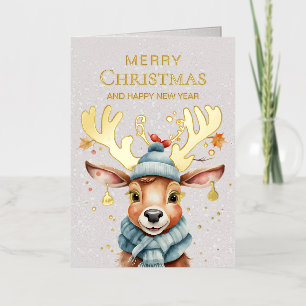 Carte De Vacances Métallisée Aquarelle mignonne Whimsical Christmas Reindeer Go