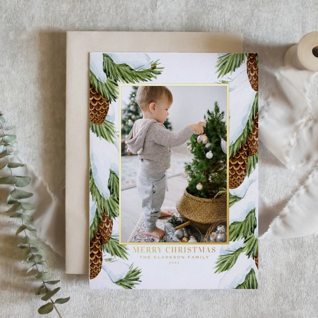 Carte De Vacances Métallisée Aquarelle Pinecones neige Photo Joyeux Noël (Customizable gold foil photo Christmas card featuring snowy watercolor balsam fir cones)