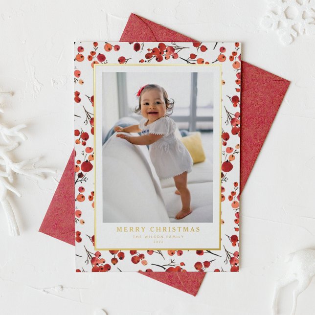 Carte De Vacances Métallisée Aquarelle Red Winterberry Christmas Photo (Créateur téléchargé)