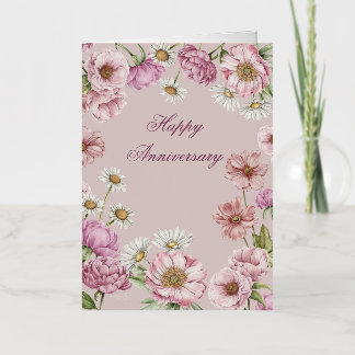 Carte De Vacances Métallisée Aquarelles Fleurs, pivoines, anémones, marguerites