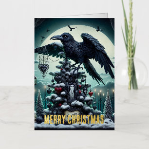 Carte De Vacances Métallisée Arbre de Noël gothique avec Coeurs et Ravens