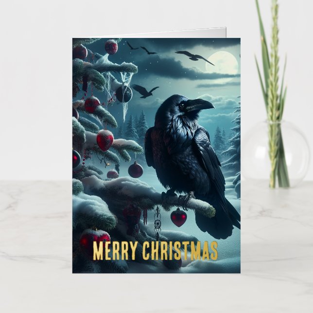 Carte De Vacances Métallisée Arbre de Noël gothique avec Coeurs et Ravens (Recto)
