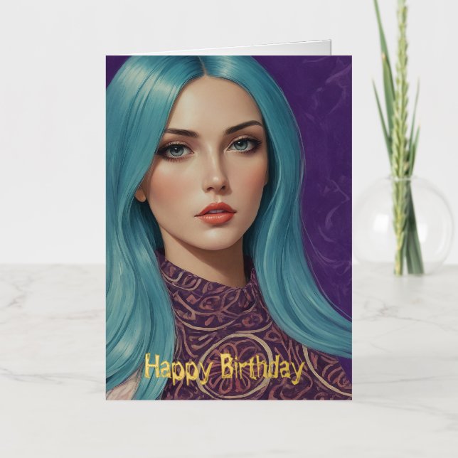 Carte De Vacances Métallisée Bleu cheveux AI foin anniversaire (Recto)