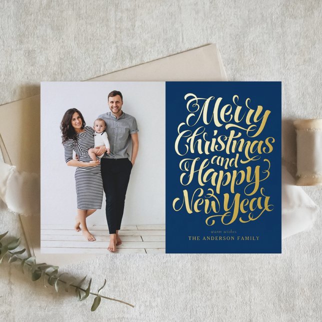 Carte De Vacances Métallisée Bleu Marine Joyeux Noël et Bonne Année Photo (Créateur téléchargé)