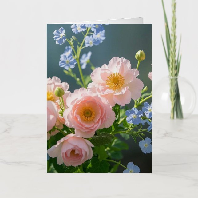 Carte De Vacances Métallisée Bleu rose Fleurs délicates (Recto)