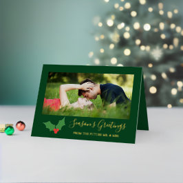 Carte De Vacances Métallisée Bonnes Fêtes Holly Engagé Couple Photo