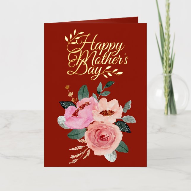 Carte De Vacances Métallisée Bouquet floral rose et pêche Bonne fête des mères  (Recto)
