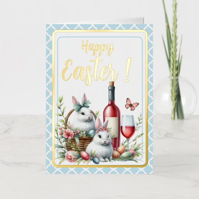 Carte De Vacances Métallisée Bunnies, Oeufs et Vins de Pâques (Recto)