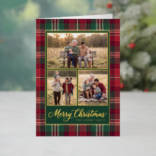 Carte De Vacances Métallisée Cadre Tartan Classique Collage Photo Joyeux Noël
