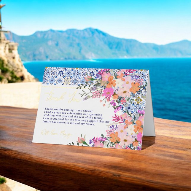 Carte De Vacances Métallisée Carrelage bleu italien fleur sauvage douche nuptia (Italian blue tiles wildflowers bridal shower foil greeting card)