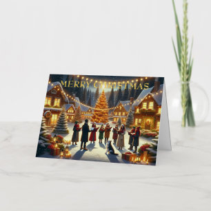 Carte De Vacances Métallisée Chanteurs de Noël autour d'un arbre avec des bougi