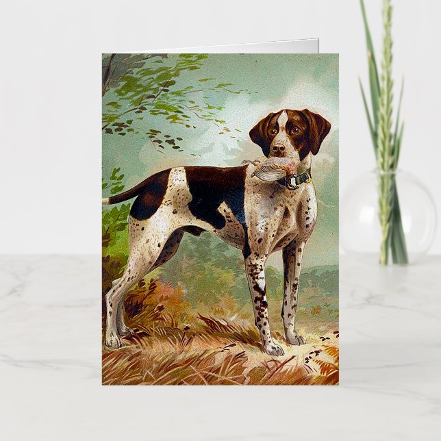 Carte De Vacances Métallisée Chien de chasse avec oiseau dans la bouche (Recto)