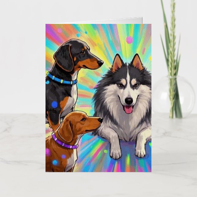 Carte De Vacances Métallisée Chiots chiens avec fond arc-en-ciel (Recto)