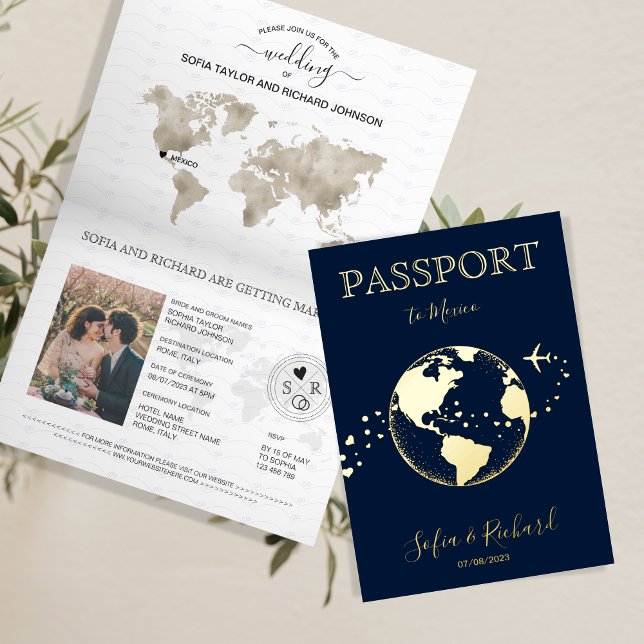 Carte De Vacances Métallisée Destination Mariage Mondial Passeport Moderne (Créateur téléchargé)