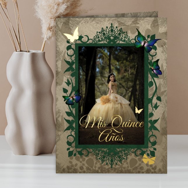 Carte De Vacances Métallisée Élégant Gold Green Butterflies Quinceanera Invitat (Green and gold quinceanera invitation, fancy vines and leaves border around edge of photo)