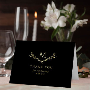 Carte De Vacances Métallisée Élégant Mariage photo Monogram Wreath Merci