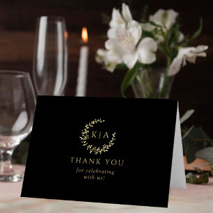 Carte De Vacances Métallisée Élégant Mariage photo Monogram Wreath Merci