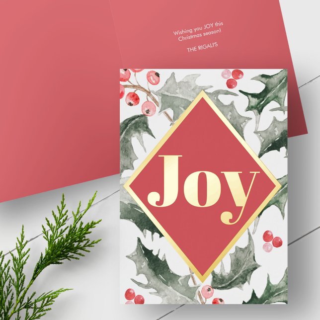 Carte De Vacances Métallisée Elégante aquarelle Botanique Noël (Christmas cards folded foil modern simple design with watercolor red berries and green holly)