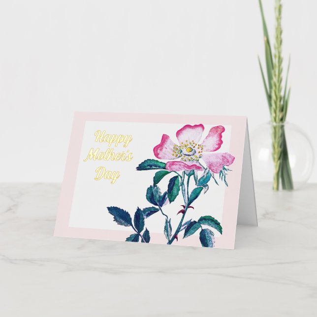 Carte De Vacances Métallisée Elégante aquarelle Fleur Rose sauvage Fête des Mèr (Recto)