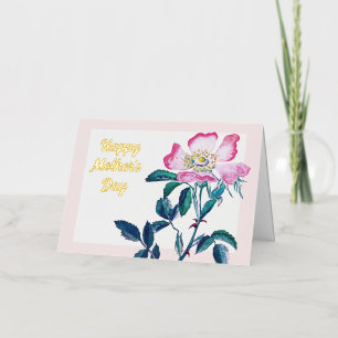 Carte De Vacances Métallisée Elégante aquarelle Fleur Rose sauvage Fête des Mèr