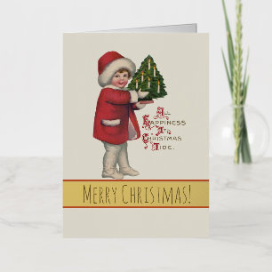 Carte De Vacances Métallisée Enfant avec arbre de Noël Illustration Vintage Art